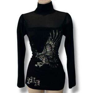 Y2K Sequin Embellished Eagle Mixed Media Top Size Small Black Iridescent Sequin